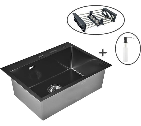 Изображение товара Комплект кухонная мойка из нержавеющей стали WISENT ws36050b с pvd покрытием (60x50 см) с раздвижным коландером и дозатором WS36050B/WGER019B/W405B/W302644B
