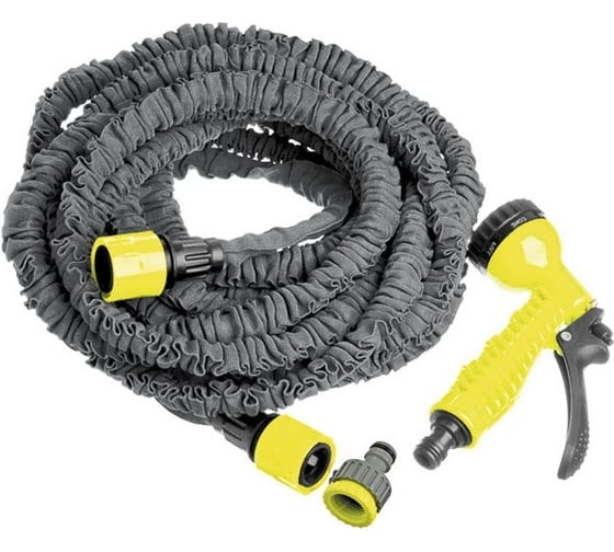Изображение товара Растягивающийся поливочный шланг INBLOOM 15 м тканевая оплетка с пистолетом-разбрызгивателем и коннектором 1/2 168-004