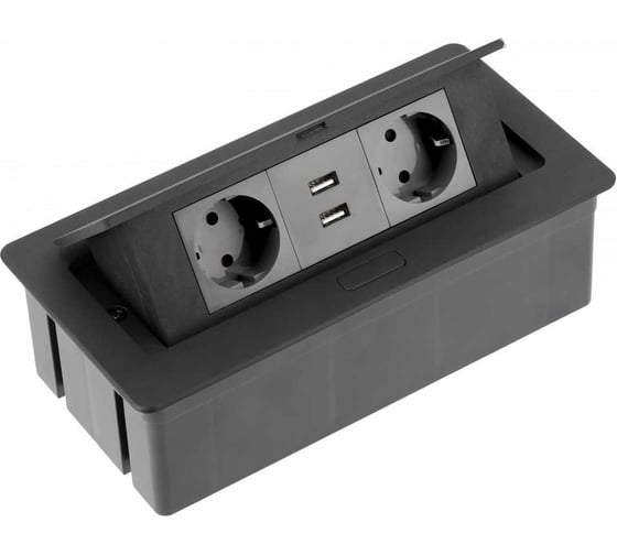 Изображение товара Врезной прямоугольный удлинитель GTV soft, 2xschuko, 2xusb/5v, вилка провод 1,5м, черный AE-PBSUC2GS-20N