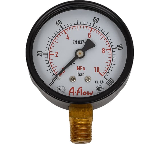Изображение товара Манометр от 0 до 100 бар из углеродистой стали, D63 мм, NPT 1/4", штуцер снизу A-Flow G10-C-4N-63A-100bar