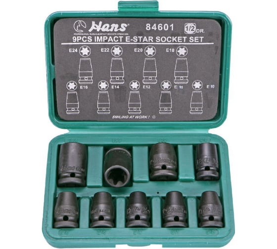 Изображение товара Комплект ударных торцевых головок E-STAR (Е10-Е24; 1/2"; 9 шт.) Hans 84601