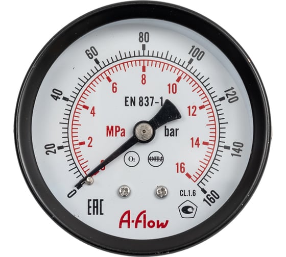 Изображение товара Манометр от 0 до 160 бар из углеродистой стали, D63 мм, NPT 1/4", штуцер сзади по центру A-Flow G10-C-4N-63B-160bar
