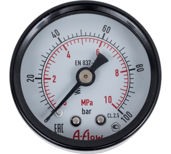 Изображение товара Манометр от 0 до 100 бар из углеродистой стали, D40 мм, NPT 1/4", штуцер сзади по центру A-Flow G10-C-4N-40B-100bar