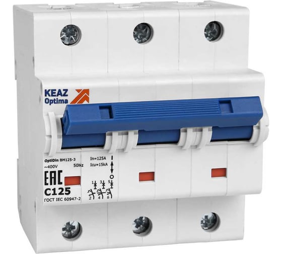 Изображение товара Автоматический выключатель КЭАЗ модульный 3п C 100А 20кА OptiDin BM125-3C100-8ln-УХЛ3 138545