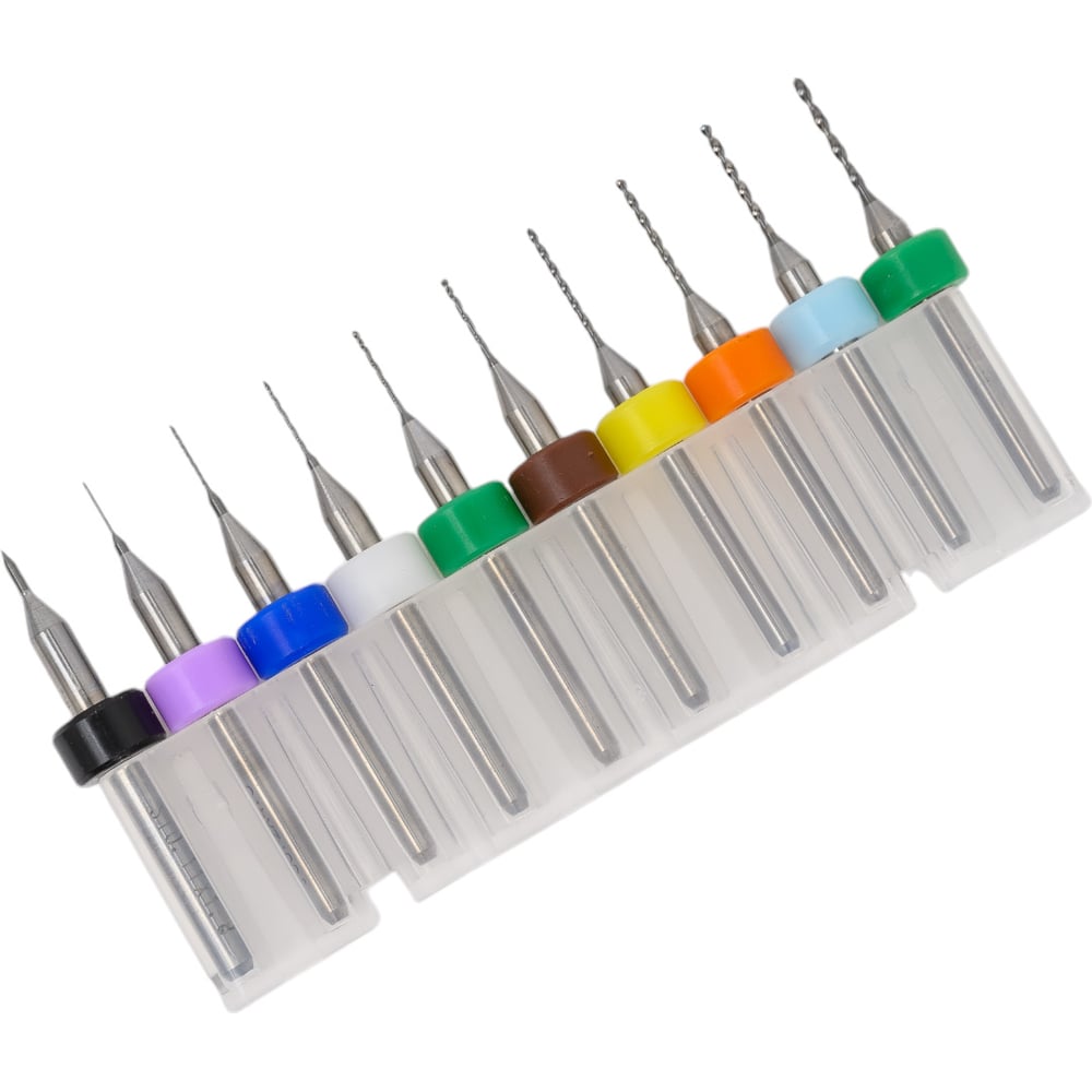 Микросверла твердосплавные по пластику, дереву, текстолиту 10 шт, 0.1-1.0 мм, d0.1x2 мм, d0.2x5 мм, l=10 мм, L=38 мм PROCUT DL017100