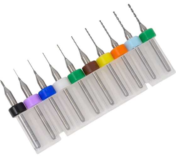 Изображение товара Микросверла твердосплавные по пластику, дереву, текстолиту 10 шт, 0.1-1.0 мм, d0.1x2 мм, d0.2x5 мм, l=10 мм, L=38 мм PROCUT DL017100