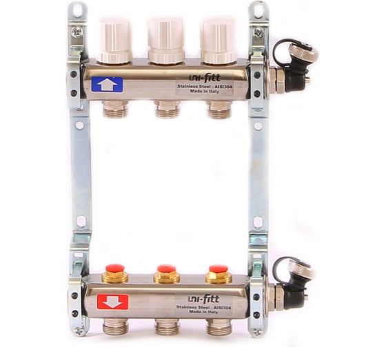 Изображение товара Коллекторная группа Uni-Fitt 1х3/4, 3 выхода, с регулировочными и термостатическими вентилями, нержавеющая сталь 451I4303