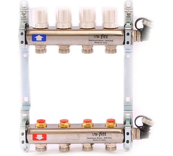 Изображение товара Коллекторная группа Uni-Fitt 1х3/4, 4 выхода, с регулировочными и термостатическими вентилями, нерж. сталь 451I4304