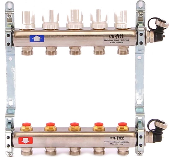Изображение товара Коллекторная группа Uni-Fitt 1х3/4, 5 выходов, с регулировочными и термостатическими вентилями, нерж. сталь 451I4305