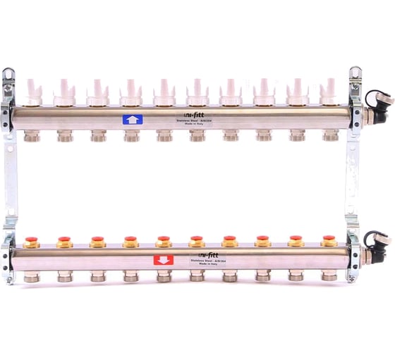 Изображение товара Коллекторная группа Uni-Fitt 1х3/4, 10 выходов, с регулировочными и термостатическими вентилями, нержавеющая сталь 451I4310