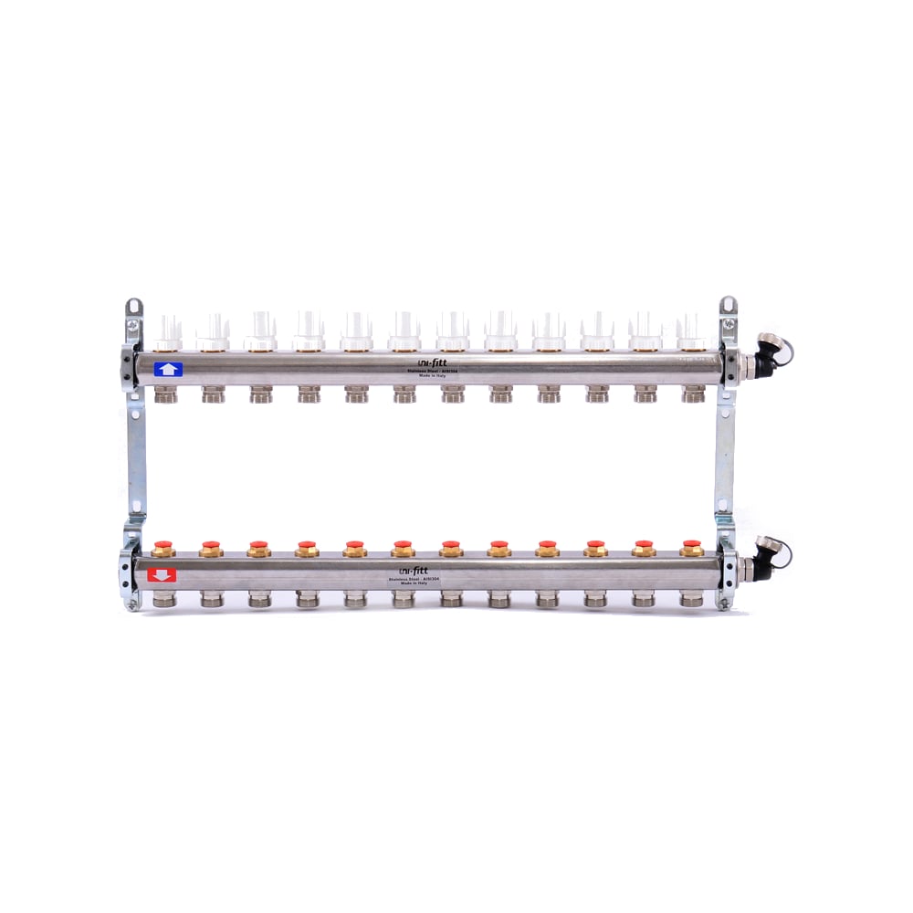 фото Коллекторная группа 1х3/4, 12 выходов, с регулировочными и термостатическими вентилями, нерж. сталь uni-fitt 451i4312