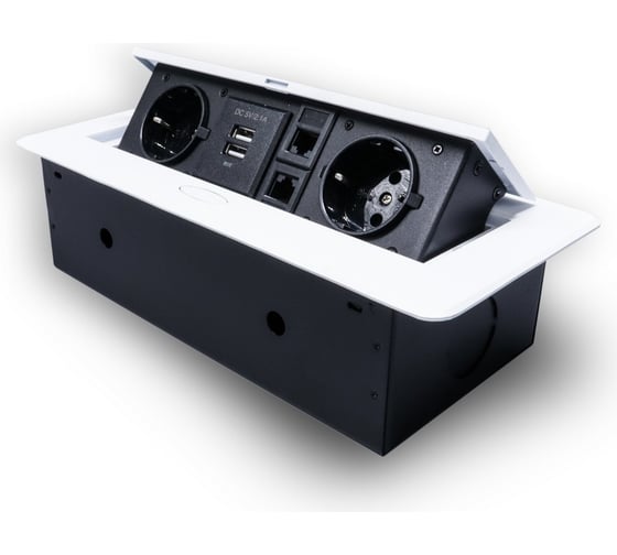 Изображение товара Розетка горизонтальная выдвижная ROCKETSOCKET 2 euro 16a, 2 usb a с блоком 5в/2.1а, 2 rj45, проводка, цвет белый SHS021-W