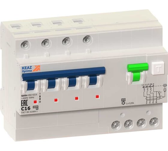 Изображение товара Автоматический выключатель  дифференциального тока КЭАЗ 4п C 10А 30мА тип A 6кА OptiDin VD63 УХЛ4 103475