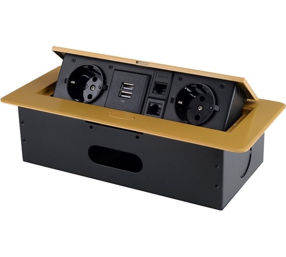 Изображение товара Розетка горизонтальная выдвижная ROCKETSOCKET 2 euro 16a, 2 usb a с блоком 5в/2.1а, 2 rj45, проводка, цвет золотой SHS021-G