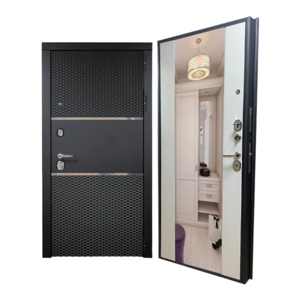 Входная дверь ООО ВДК ДМ Диамант Тепла МДФ Черный кварц/Зеркало белый матовый, 960х2050 мм, правая ДМ8