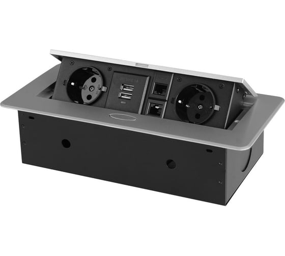Изображение товара Розетка горизонтальная выдвижная ROCKETSOCKET 2 euro 16a, 2 usb a с блоком 5в/2.1а, 2 rj45, проводка, цвет серый SHS021-S