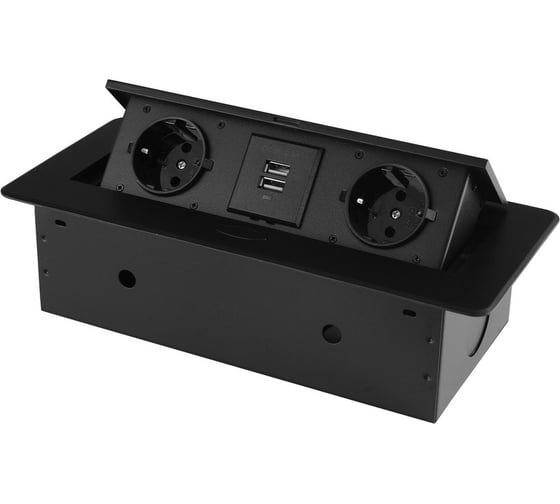 Изображение товара Розетка горизонтальная выдвижная ROCKETSOCKET 2 euro 16a, 2 usb a с блоком 5в/2.1а, проводка, цвет черный SHS018-B