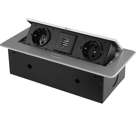 Изображение товара Розетка горизонтальная выдвижная ROCKETSOCKET 2 euro 16a, 2 usb a с блоком 5в/2.1а, проводка, цвет серый SHS018-S