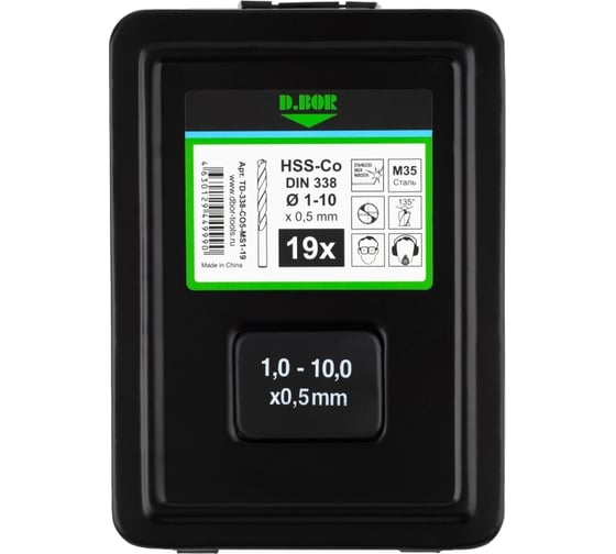 Изображение товара Набор сверл по металлу COBALT 5%, HSS-Co, DIN 338, 19 шт (1-10х0.5 мм) D.BOR D-TD-338-CO5-MS1-19