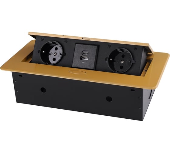 Изображение товара Горизонтальная выдвижная розетка ROCKETSOCKET 2 euro 16a, usb type a+c с блоком 18w, проводка, цвет золотой SHS019-G