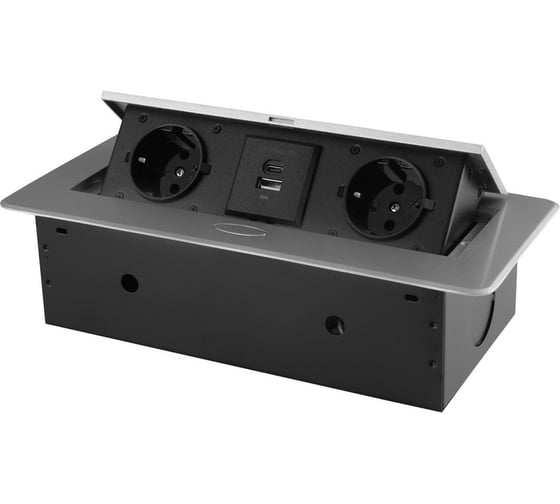 Изображение товара Розетка горизонтальная выдвижная ROCKETSOCKET 2 euro 16a, usb type a+c с блоком 18w, проводка, цвет серый SHS019-S