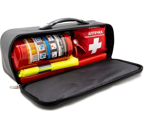 Изображение товара Набор автомобилиста TopAuto emergency kit 4 сумка из эко кожи, аптечка по ту, огнетушитель оп-2, знак rt-199, перчатки хб. ТА-EK4