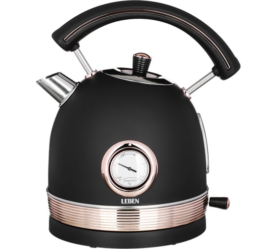 Изображение товара Электрический чайник LEBEN 1.8 л, 2200 Вт, металл, черный с золотом, термометр 291-093