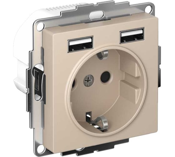 Изображение товара Розетка Systeme Electric Atlasdesign песочный 16А c 2 usb a+a, 5В/2,4А, 2x5В/1,2А ATN001230