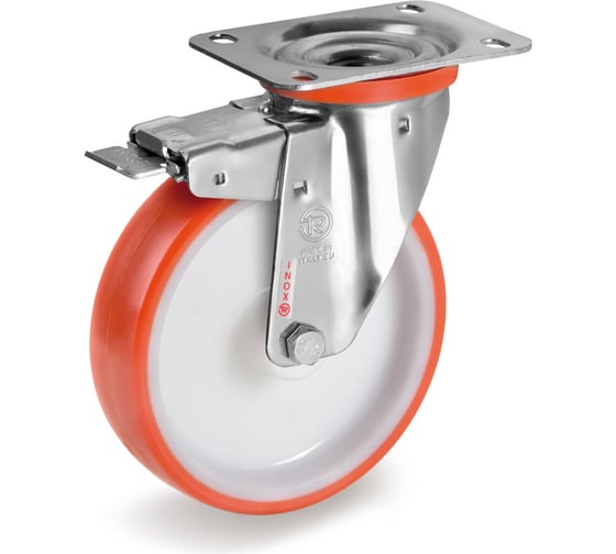 Изображение товара Колесо с нержавеющей вращающейся опорой, пластиной крепления и передним тормозом (100 мм; 170 кг; INOX) Tellure rota 606702
