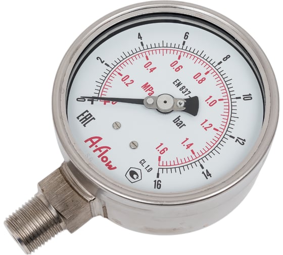 Изображение товара Манометр от 0 до 16 бар из нержавеющей стали, D100 мм, NPT 1/2", штуцер снизу A-Flow G32-S-8N-100A-16bar