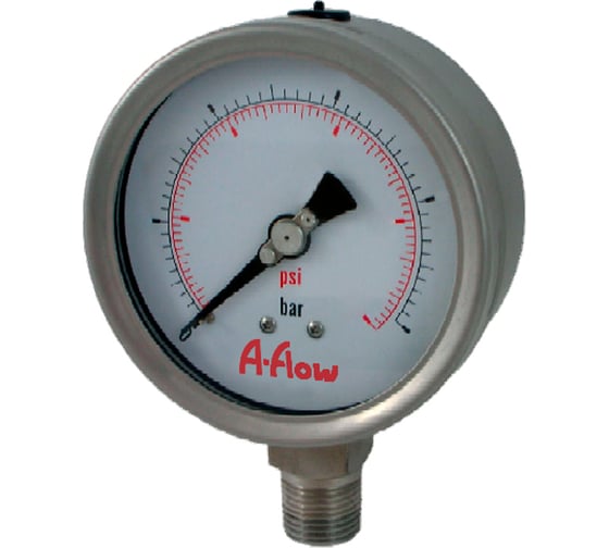 Изображение товара Манометр от 0 до 1 бар из нержавеющей стали, D63 мм, NPT 1/4", штуцер снизу A-Flow G32-S-4N-63A-1bar