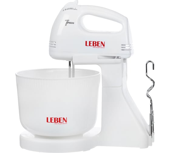 Изображение товара Кухонный миксер LEBEN 100 Вт, 7 скоростей, 2 пары насадок, пластиковая чаша 2 л 269-013