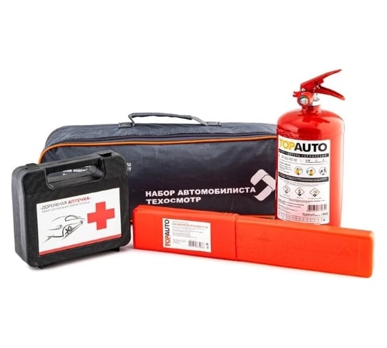 Изображение товара Набор автомобилиста TopAuto техосмотр м сумка, огнетушитель оп-2 железный с манометром, аптечка по ту, знак rt-199 eac НАТМ