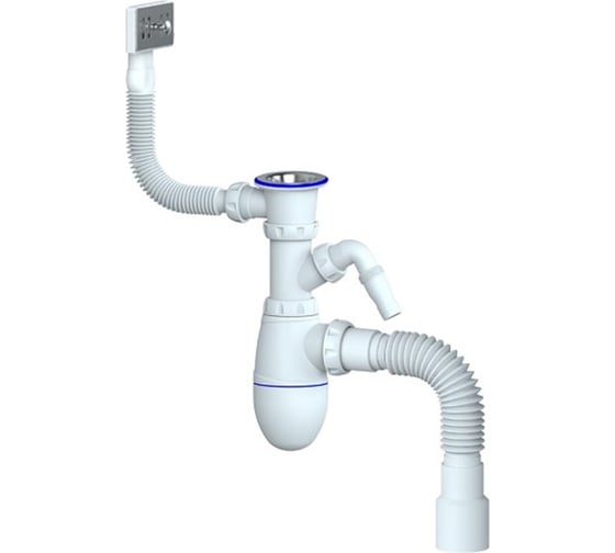 Изображение товара Сифон для кухни Unicorn 1.1/2"х40, нержавеющий выпуск, отвод для стиральной машины, прямоугольный перелив, с универсальной гибкой трубой, 40х40/50 B442V ИС.110316 534499