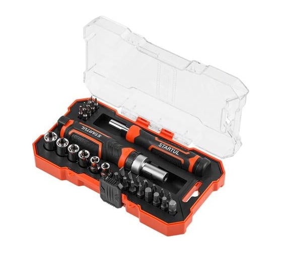 Изображение товара Реверсивная отвертка с набором бит и торцевых головок STARTUL Profi 31 предмет ST3095-31
