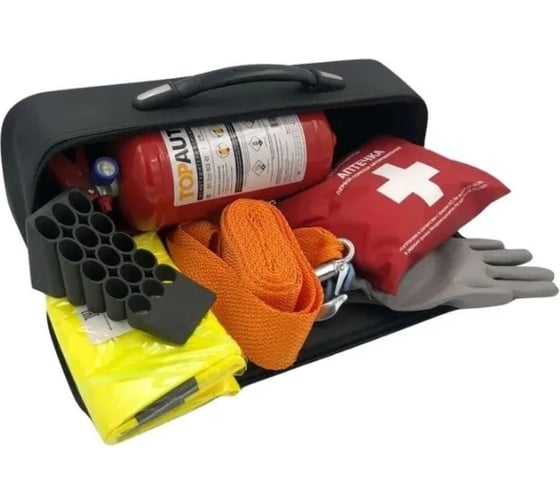 Изображение товара Набор автомобилиста TopAuto emergency kit 5 сумка из эко кожи, аптечка по ту, огнетушитель оп-2, знак rt-199, жилет, трос буксир 3.5 т, 2 кр, перчатки хб ТА-EK5