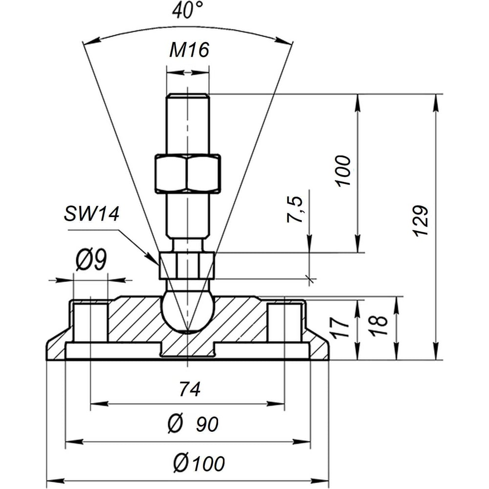 Шарнирная опора Алтервиа M16x100 до 900 кг (под крепёж) A00022.1110016100