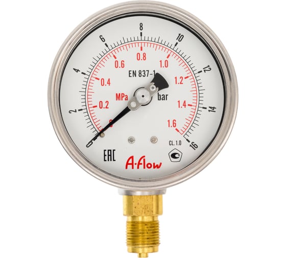 Изображение товара Манометр от 0 до 16 бар из нержавеющей стали, D100 мм, M20x1.5, штуцер снизу A-Flow G22-S-20M-100A-16bar