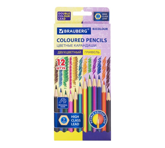 Изображение товара Карандаши Bicolour с двухцветным грифелем BRAUBERG, 24 цвета 4 упаковки по 12 шт 181855