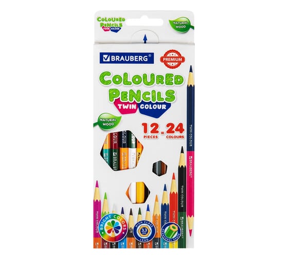 Изображение товара Цветные карандаши BRAUBERG Premium Twin Colour мягкие двусторонние, 12 шт, 24 цвета 181874
