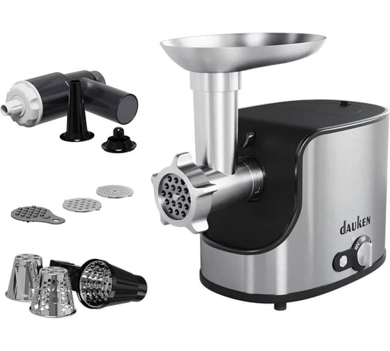 Изображение товара Электрическая мясорубка с овощерезками и соковыжималкой, насадками для колбас, сосисок, кеббе DAUKEN 3 диска для фарша, стальной редуктор  fw3040j PR000021