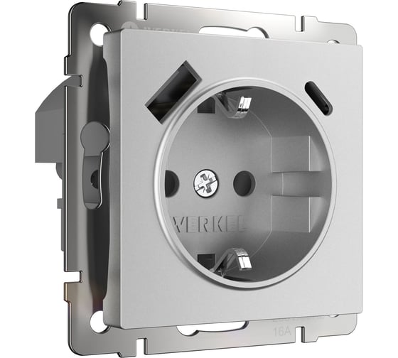 Изображение товара Розетка WERKEL с заземлением, шторками и usb тип a+c серебряный матовый a063618