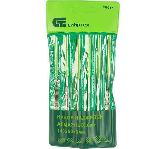 Изображение товара Набор алмазных надфилей СИБРТЕХ 140x50x3 мм, 6 шт. 158317