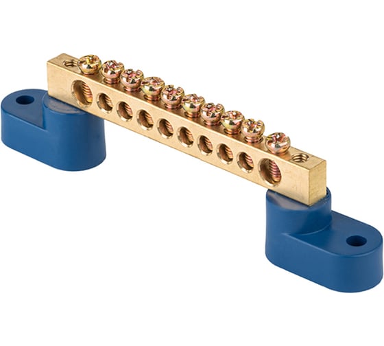 Изображение товара Шина "0" n EKF (6x9мм) 10 отверстий латунь 2 синих угловых изолятора (10шт.) proxima sn0-2-63-10