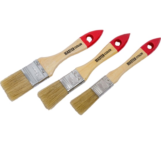 Изображение товара Набор из 3 флейцевых кистей с деревянными ручками: ширина 20, 25, 35мм, натуральная щетина, 55% топс МASTER COLOR 30-0502