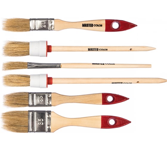 Изображение товара Набор из 6 кистей с деревянными ручками: флейцевые кисти 20, 25, 35мм, круглые кисти 20, 25мм, кисть художественная МASTER COLOR 30-0510