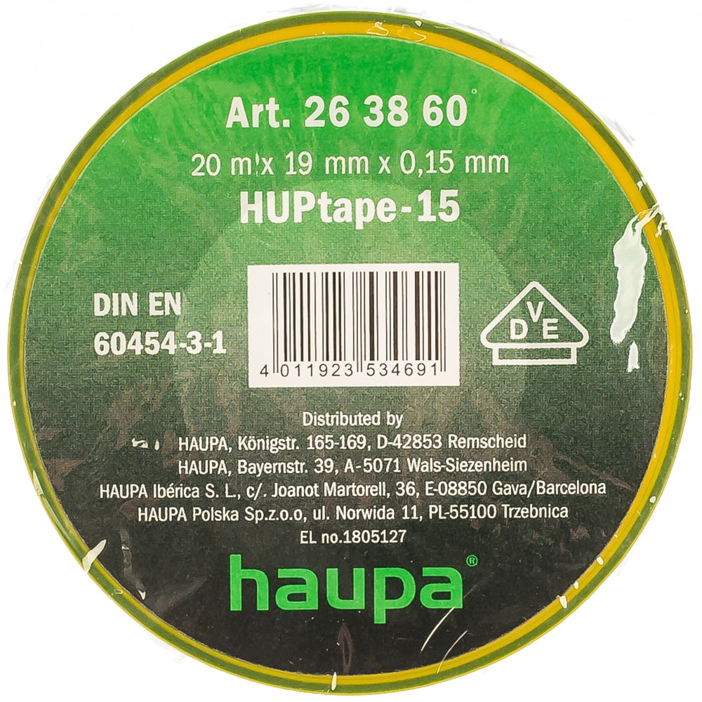 Купить Изолента haupa пвх желто-зеленый 19 ммх20 м, d 74 мм 263860