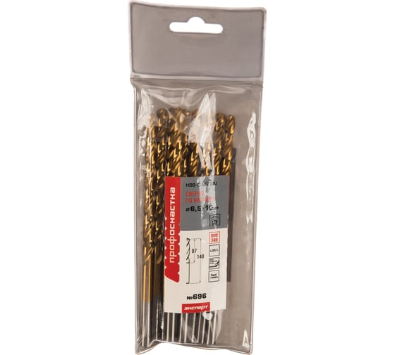 Изображение товара Сверло по металлу удлин Профоснастка 6,5 мм HSS M2 TIN/135 DIN 340, 10 шт., №696 30206056