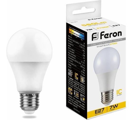 Изображение товара Светодиодная лампа - шар E27 7W 2700K FERON LB-91 25444