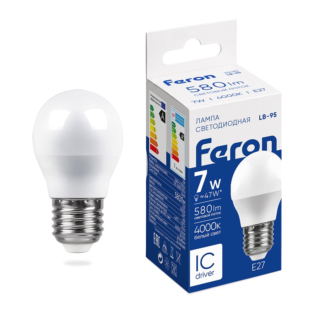 Изображение товара Светодиодная лампа - шарик E27 7W 2700K FERON LB-95 25481